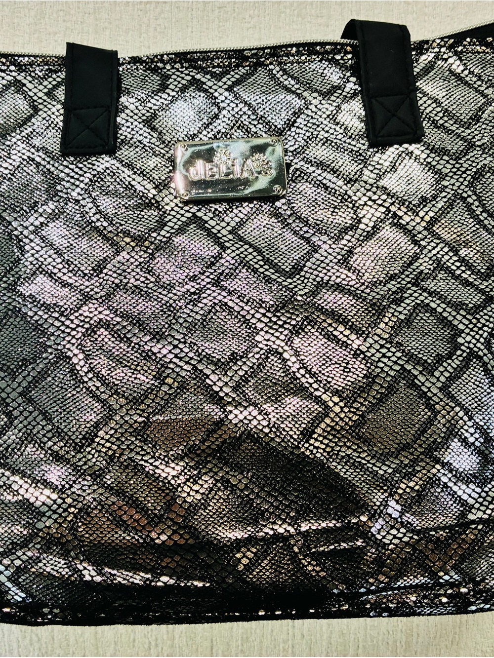 dELiA*s Metallic Snake-Print Tote in Black and Silver